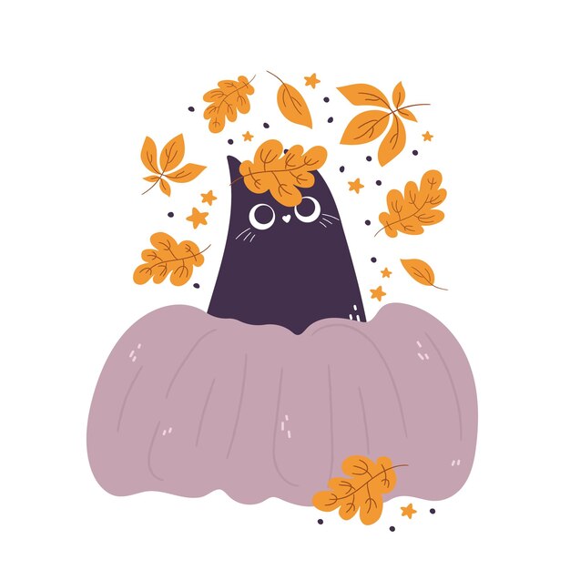Carta di gatti e zucche con personaggi di doodle di cartoni animati con foglie e fiori Composizione vettoriale isolata per la raccolta agricola autunnale autunnale Disegni del Ringraziamento o di Halloween