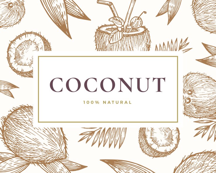 Vettore carta di illustrazione di cocco disegnata a mano. sfondo di noci di cocco e foglia di palma disegnati a mano astratti con tipografia retrò di classe.