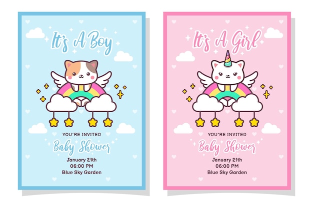 Carta di invito bambino carino doccia ragazzo e ragazza con gatto, nuvola, arcobaleno e stelle