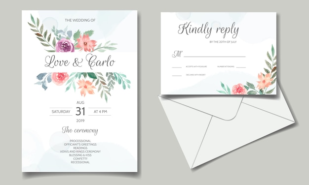 Carta di invito di nozze con bellissimo acquerello floreale