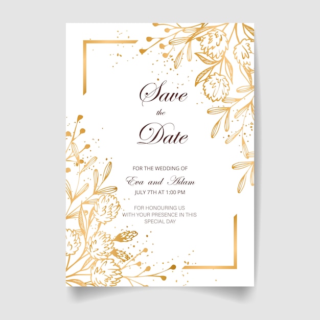 Carta di invito di nozze, salva la data con cornice dorata, fiori, foglie e rami.