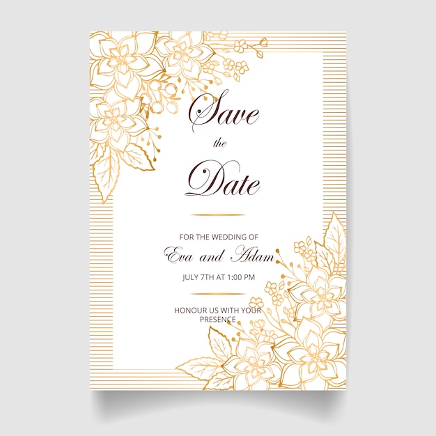 Carta di invito di nozze, salva la data con fiori d'oro, foglie e rami.