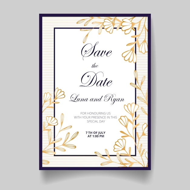 Carta di invito di nozze, salva la data con fiori d'oro, foglie e rami.
