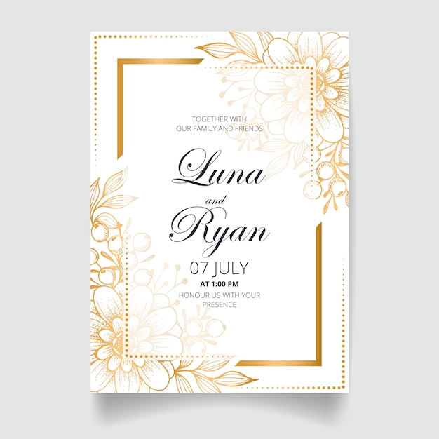 Carta di invito di nozze, salva la data con fiori d'oro, foglie e rami.