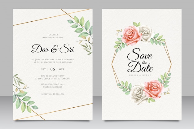 Carta di invito matrimonio floreale elegante con bella geometrica dorata