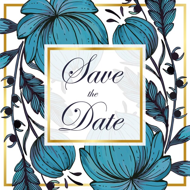 Carta di invito matrimonio vettoriale, salva la data con cornice dorata, fiori, foglie e rami.