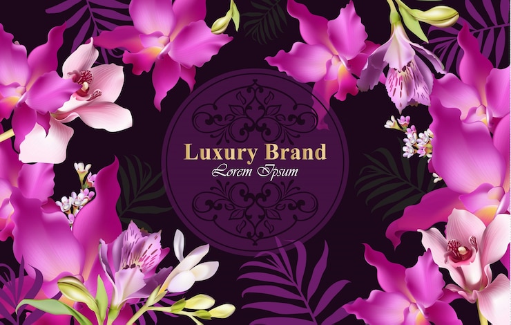 Vettore carta di lusso con fiori di orchidea vector. bella illustrazione per il libro di marca, biglietto da visita o poster. sfondo rosa posto per i testi