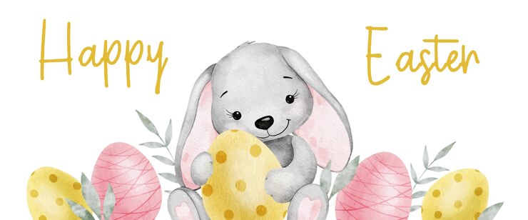 Carta di Pasqua felice con coniglio di Pasqua Uova di Pasqua foglie Acquerello Stendardo pasquale Modello orizzontale per carte di Pasqua etichette manifesti e inviti