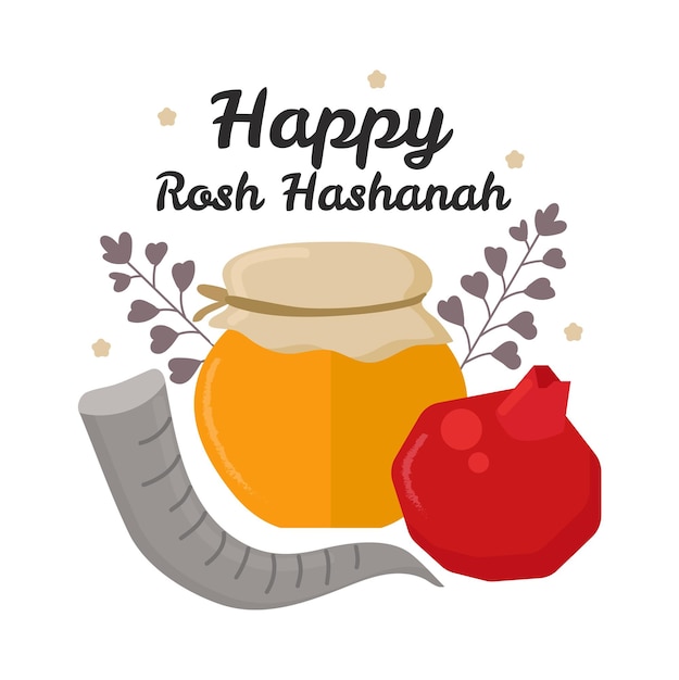 Carta di tiraggio della mano di Rosh hashanah con iscrizione con l'illustrazione di vettore di shofar del miele del melograno