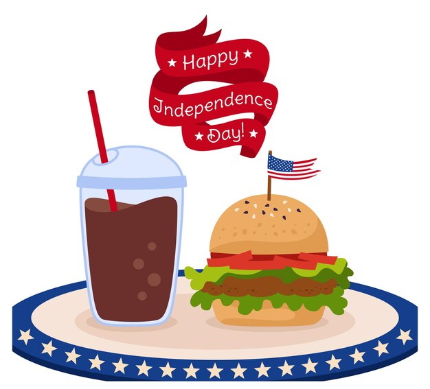 carta fast food con bandiera festa dell'indipendenza americana, hamburger con nastro e tazza di caffè per andare bandiera usa