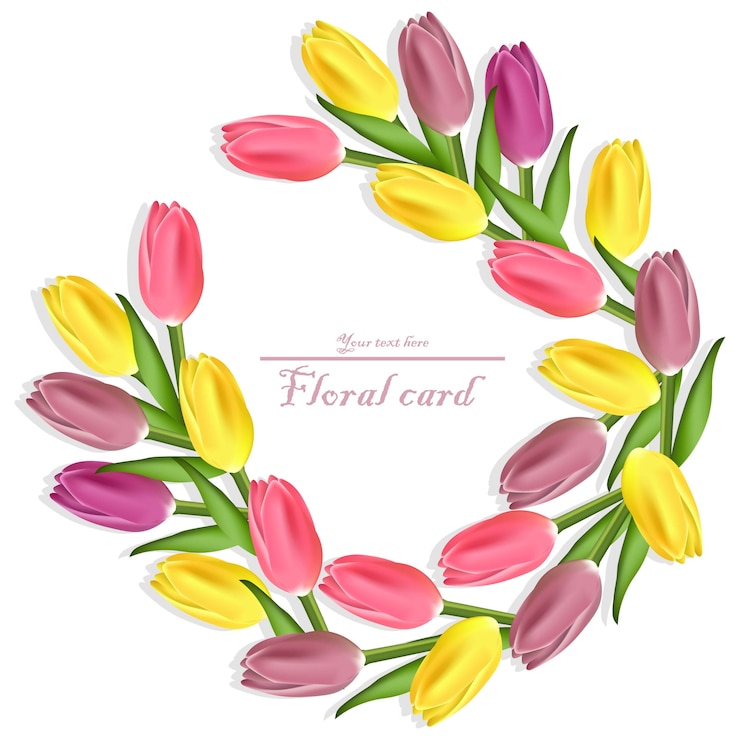 Vettore carta floreale ghirlanda di tulipani. disegni di fiori colorati