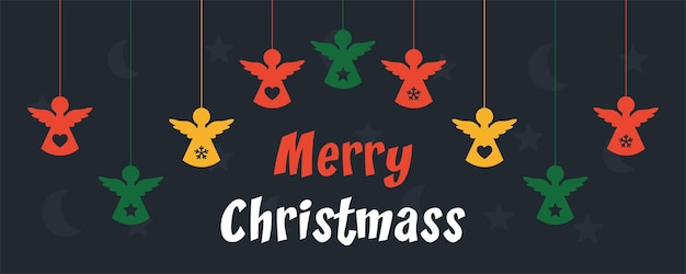 Carta regalo di Natale Merry Christmas banner di testo con angeli di carta su stringhe origami celebrazione festa Con fiocchi di neve sullo sfondo scuro Illustrazione vettoriale per Business