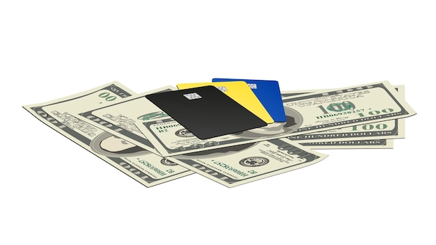 Carta sparsa 100 dollari americani banconote e carte di plastica bancarie isolate su bianco Un mucchio di soldi in uno stile realistico Vector EPS10