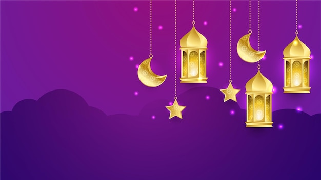 Carta vettoriale Ramadan Kareem con mezzaluna in metallo dorato 3d e stelle Arco in stile arabo in colore viola con motivo tradizionale