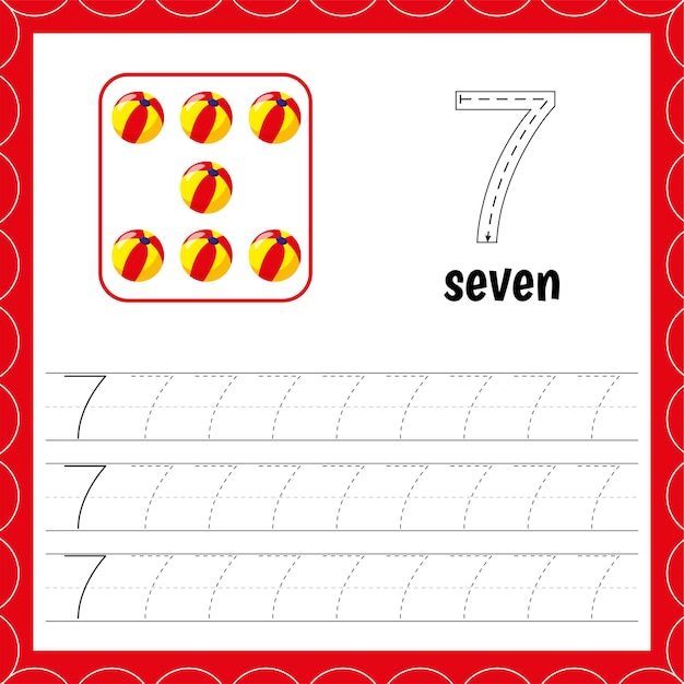 Carte con numeri per bambini Traccia la linea Per i bambini che imparano Conta e scrivi Numero sette Conta le palline