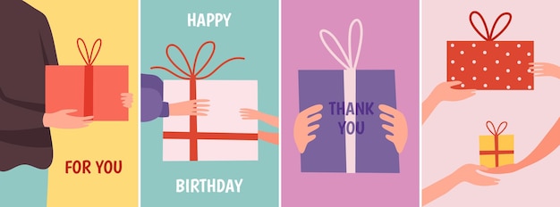 Carte con regalo Mani che tengono scatole regalo grazie banner vettoriali di buon compleanno