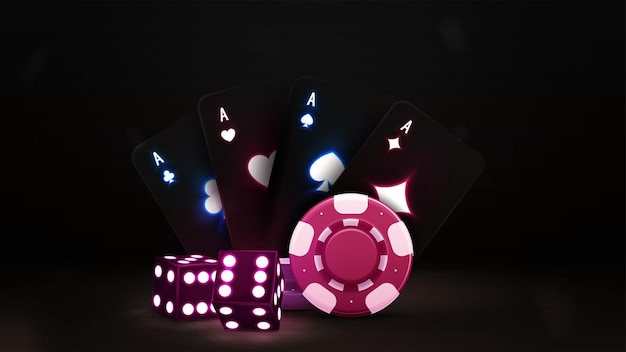 Carte da gioco nere dadi e fiches del casinò nella scena oscura
