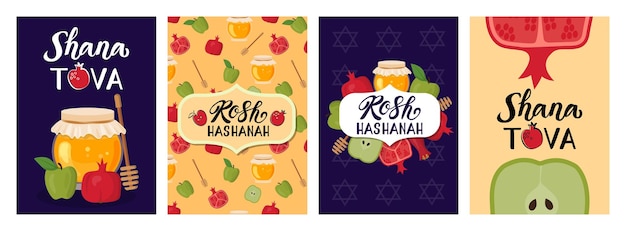 Carte di auguri ebraiche di Rosh Hashana Festa religiosa Carte postali di Capodanno set di melograno o mela vaso di miele Celebrazione tradizionale Poster di Hashanah sfondo illustrato vettoriale