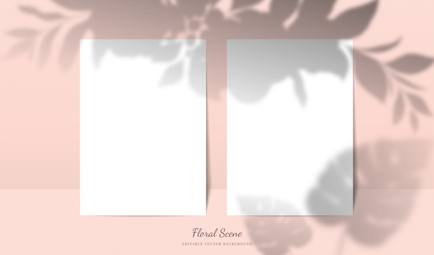 Carte eleganti con ombre floreali sovrapposte. Scena di carta di cancelleria vuota modificabile con fiori