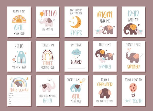 Carte Milestone per il primo anno del bambino Simpatico cartone animato Bohemian stampa per vivaio Stampa vettoriale Boho per bambino