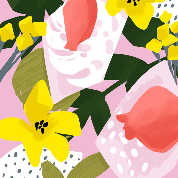 Carte vettoriali carino con disegno astratto floreale e frutta. Fiori e foglie. Illustrazioni estive.
