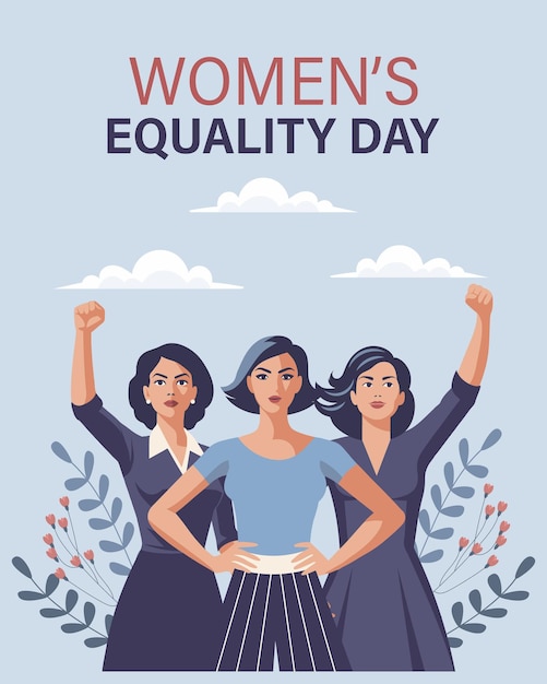 Cartella della Giornata dell'uguaglianza Donne giovani con le mani alzate in segno di protesta Poster di bandiera illustrazione alla moda