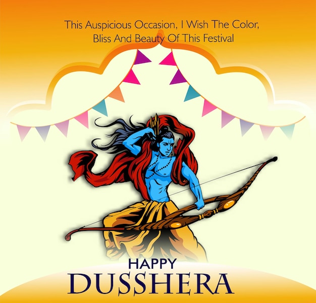 Cartella di auguri con arco e illustrazione di Ramji e Ravana nel festival Navratri dell'India con hindi