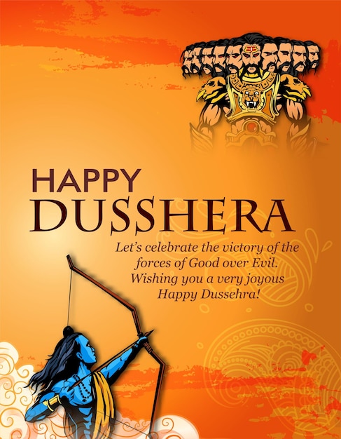 Cartella di auguri con arco e illustrazione di Ramji e Ravana nel festival Navratri dell'India con hindi
