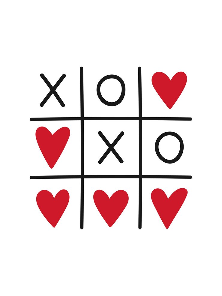 Vettore cartella di auguri disegnata a mano per il giorno di san valentino disegno semplice con gioco d'amore tictactoe