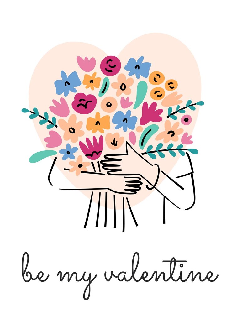 Vettore cartella di auguri per il giorno di san valentino illustrazione vettoriale di mani che tengono un colorato bouquet di fiori con