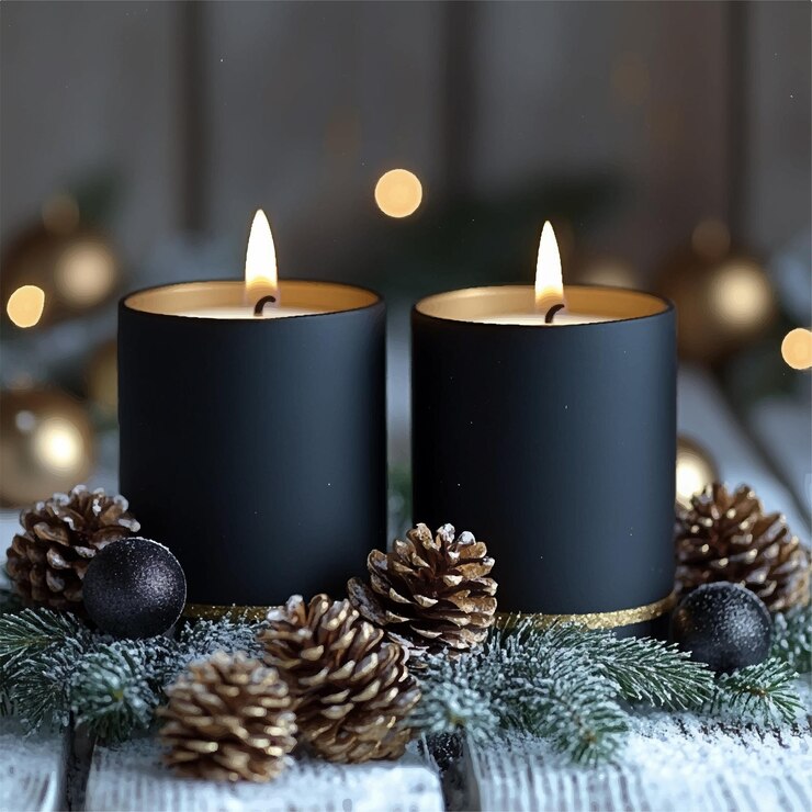 Vettore cartella di natale di lusso con eleganti candele nere e coni di pino decorazione delle luci di natale