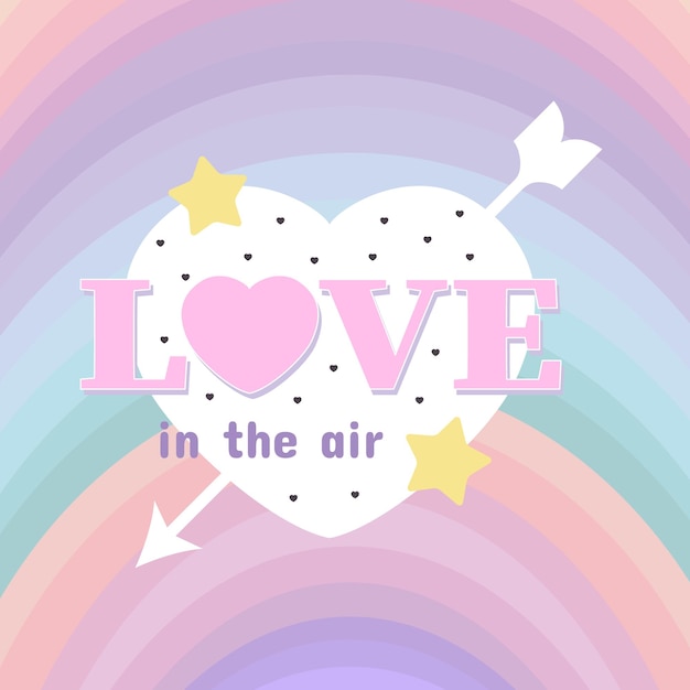 Cartella di San Valentino con un cuore una freccia e l'iscrizione L'amore è nell'aria su un arcobaleno