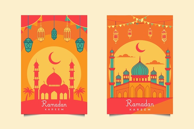 Cartellini di auguri islamici festivi del Ramadan Kareem con moschea e lanterne