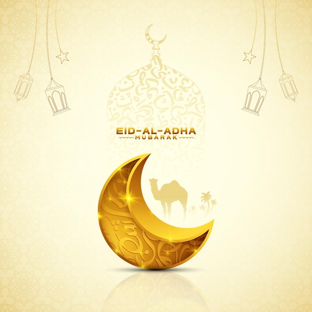 Cartellino di auguri Eid al Adha Mubarak e modello di moschea per la festa islamica con sfondo lunare