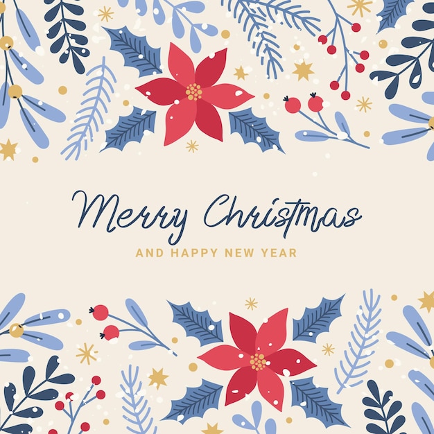 Cartellino di auguri Vector Merry Christmas con rami d'albero poinsettia bacche holly fiocchi di neve