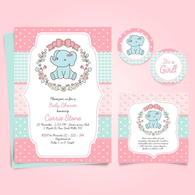 Cartellino rosa per baby shower con un simpatico elefante