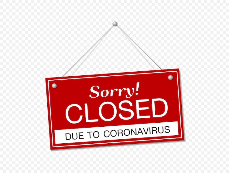 Vettore cartello appeso sul coronavirus e primo piano su un cartello rosso chiuso di un negozio che mostra il messaggio