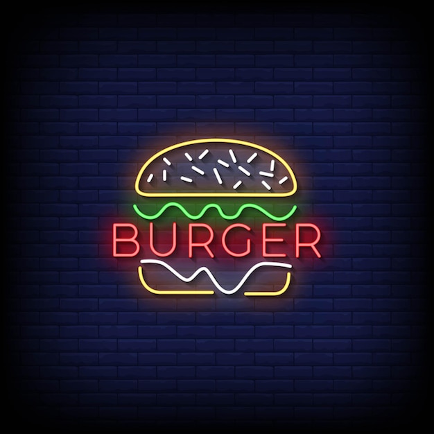 cartello di burger al neon con sfondo vettoriale a parete di mattoni