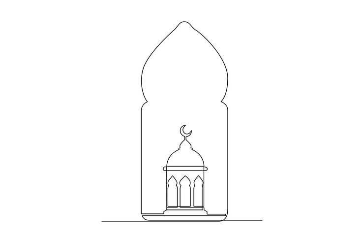 Vettore cartellone di congratulazioni del ramadan kareem e sfondo del design del banner un disegno a linea continua di lampada lanterna ornamentale islamica appesa alla luna in cielo nuvoloso illustrazione vettoriale a disegno di linea singola