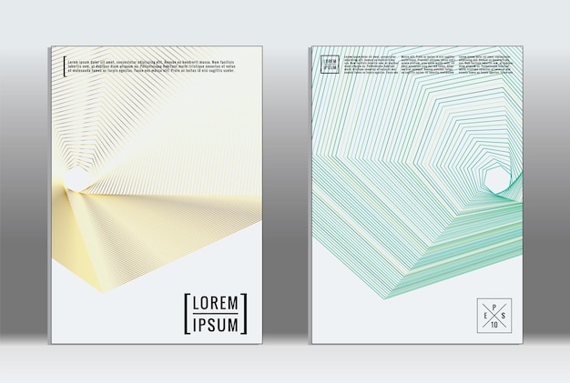 Cartellone minimale. Copertina geometrica vettoriale. Modello di rapporto alla moda hipster. Set di volantini di design grafico a gradiente di linea futuristico. Disegni minimali di moda. Cartelloni a righe. Set di design di banner retro.