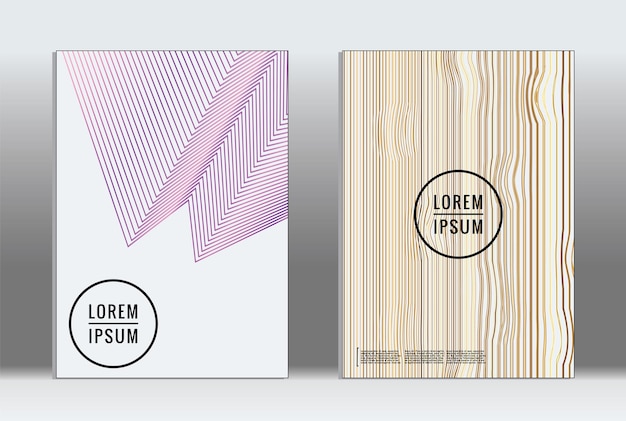 Cartellone minimale. Copertina geometrica vettoriale. Modello di rapporto alla moda hipster. Set di volantini di design grafico a gradiente di linea futuristico. Disegni minimali di moda. Cartelloni a righe. Set di design di banner retro.