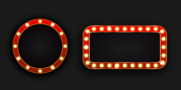 cartelloni pubblicitari al neon retrò realistici sullo sfondo scuro. Modello per decorazione vintage e cartello.