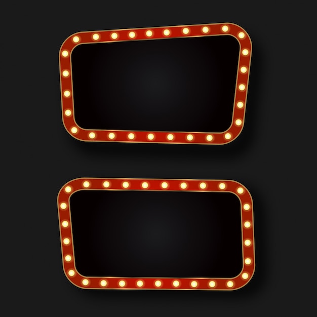 cartelloni pubblicitari al neon retrò realistici sullo sfondo scuro. Modello per decorazione vintage e cartello.