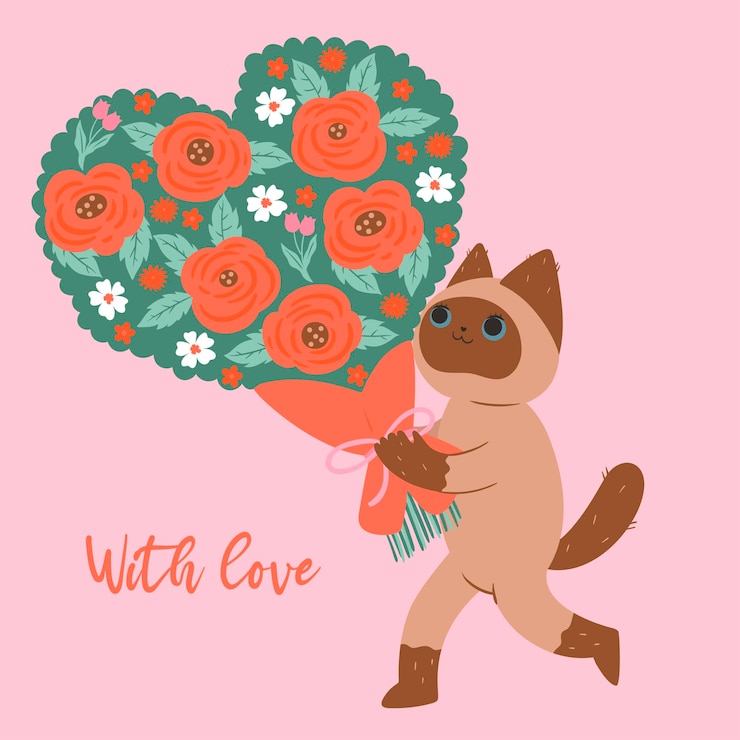 Vettore cartolina con un gatto che porta un mazzo di fiori. grafica vettoriale.