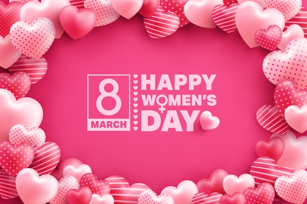 Cartolina d'auguri del giorno delle donne dell'8 marzo con molti innamorati sul rosa