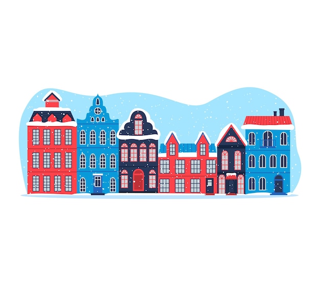 Cartolina d'auguri del nuovo anno della facciata della casa di città decorata di Natale con un vettore della casa del cottage di piccola città