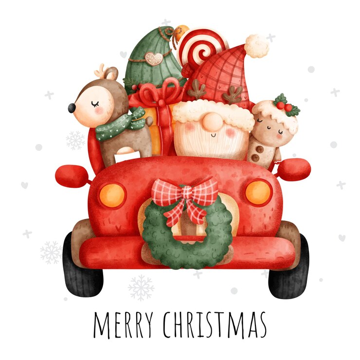 Cartolina d'auguri dell'acquerello del camion degli gnomi di Natale