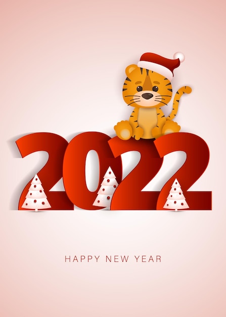 Cartolina d'auguri di buon anno cinese 2022 piccola tigre anno Tigre carina decora l'albero di Natale