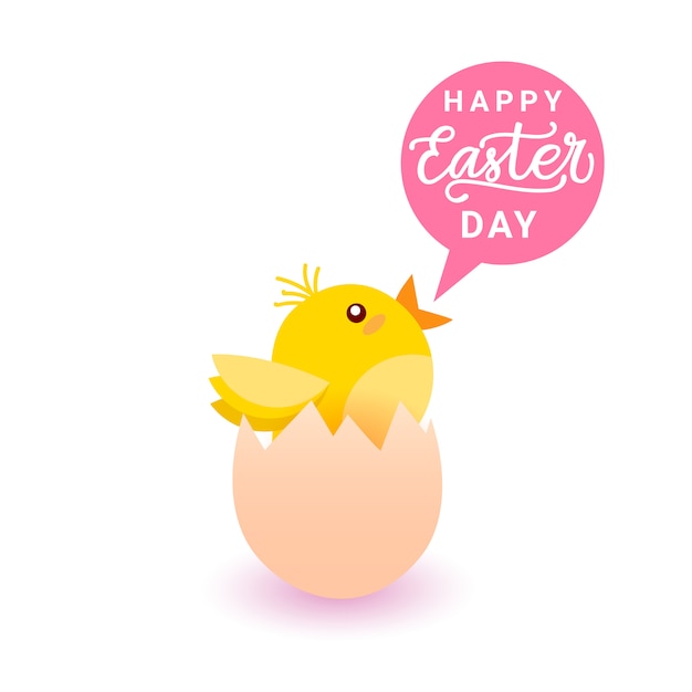 Cartolina d'auguri di buona Pasqua con pollo giallo in uovo