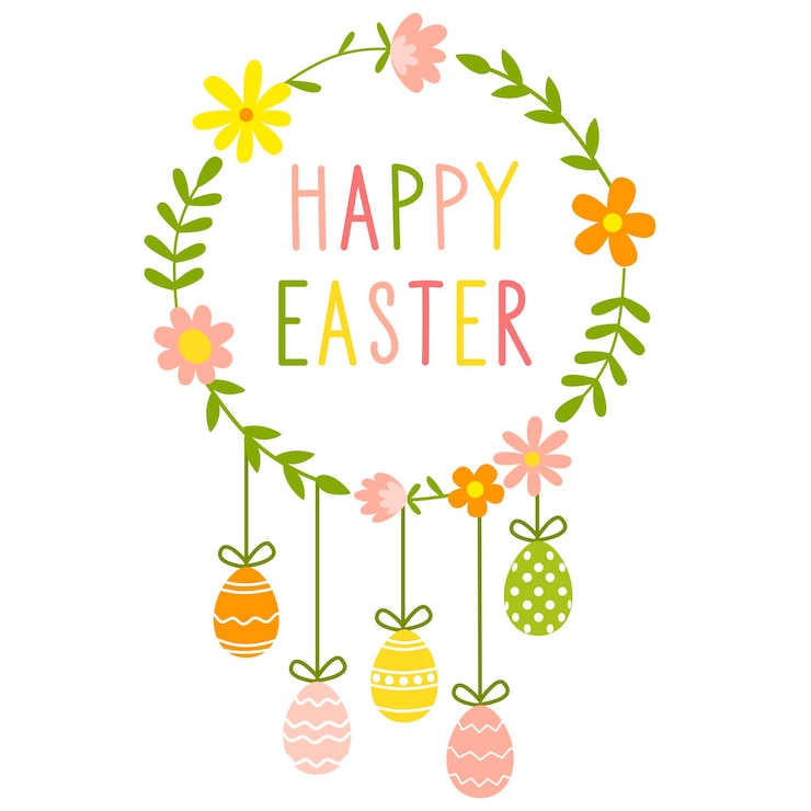 Cartolina d'auguri di buona Pasqua con una cornice di fiori carini e uova colorate